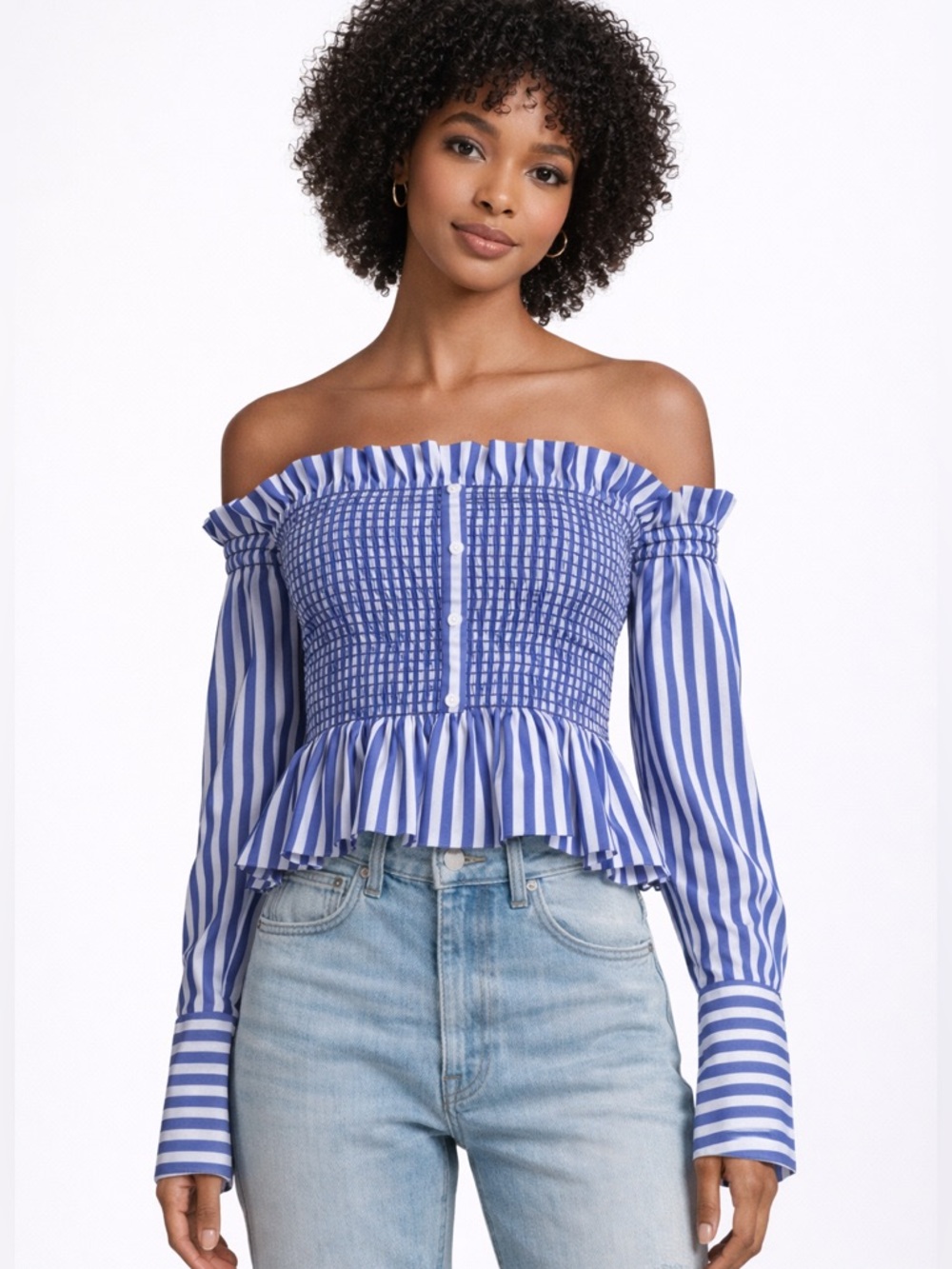 Petersyn Blaine Smocked Striped Cropped Long Sleeve Poplin Top